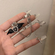 Gothic Black Bat Wing Cross Chain Rings Y2K Kpop Dark Crystal Heart Zircon Cross Ring Goth Grunge Egirl Irregular Double Rings