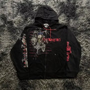 Gothic Affliction Hoodie New Retro Wing Pattern Printing Oversize Zipper Coat Men Women Hip Hop Personality Casual Sweatshirt