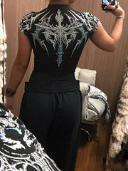 Gothic Metal Print Compression T-shirt Men Women Punk Streetwear Short Sleeve Fitness Top Slim Fit Gym Tee Y2k Aesthetic Unisex