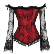 Gothic Corsets for Women Victorian Blouse Tops Off Shoulder Floral Corset Long Sleeves Lace Up Medieval Corset Bustier Black Red