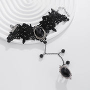 Sexy Gothic Oval Black Imitation Gemstone Round Bead Tassels Lace Bracelet Connected Ring for Women Creative Personality Jewelry