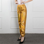 Women's Mid Waist Solid Colour Shiny Glossy Sweatpants Nine Minute Pants Fashion hip-hop trousers Disco Bottoms