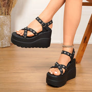 Women Sandals Summer Open Toe Buckle High Heels Shoes Black Punk Gothic Platform Sandals Sexy Rivets Thick Heels Shoes for Women