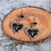 Gothic Style Cross, Heart, Rose Flower, Bow Knot, Thorn Pendant Black Beaded Y2K Hoop Earrings For Women