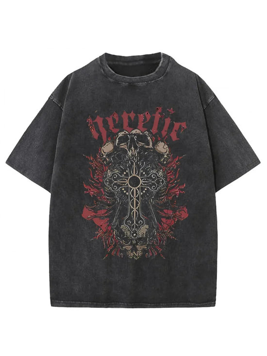 Men's Women's Horror Skull Graphic T-Shirt  Oversized Vintage Washed Streetwear Tee with Gothic Cross Red Accents