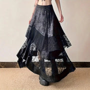 Gothic Vintage Black Midi Skirt Aesthetics Y2k Lace Irregular Skirt French Style Elegant Casual Skirt Woman Design Chic