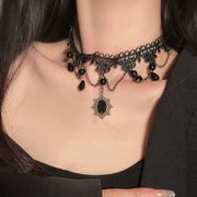 Gothic Punk Sexy Lace Black Crystal Pendent Necklace for Women Teens Girls Beads Flower Collar Necklace Rock Jewelry Gifts Party