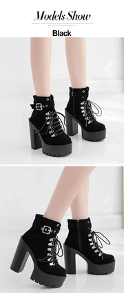 Lace Up Women Boots Platform Buckle Boot Winter Shoes Thick Heel Autmn Boots With Zipper Ankle Strap Black Suede Gothic
