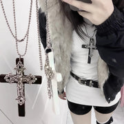 Gothic Punk Large Wood Cross Pendant Necklace Y2k 3D Relief Flower Metal Cross Double Pendant Necklace Jewelry Gifts Accessories