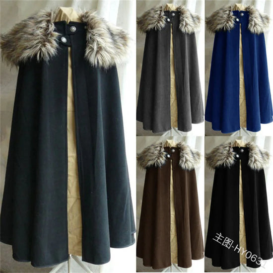 Men's Medieval Costume Cloak Autumn Winter Thick Warm Solid Fur Collar Cape Coat Loose Gothic Women Vintage Woolen Ladies Coats