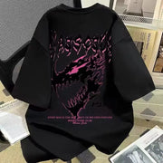 Men's Loose T-shirt with Gothic Back Print Pattern, Black and White Soft Round Neck, Street Style Casual Short-sleeved