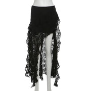 2025 Spring Black Gothic Vintage Skirts Women Sexy High Waist Lace Ruffles Patchwork Irregular Y2k Long Skirts Party Clubwear