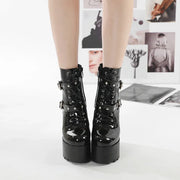 14CM Women Chunky Ankle Boots Leather cosplay Round Toe Platform Knight Boots Shoes High Heels Black White Thick Heel Lace Up