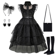 Gothic Style Black Dress Wensday Party Ball Gown Children Halloween Cosplay Adams Family Costume