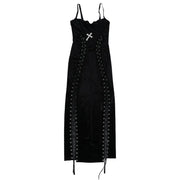 Goth Dark Punk Grunge Lace Up Maxi Dress 90s Streetwear Gown Women Sexy Bandage Velvet Dresses Y2k New Harajuku Gothic Clothing