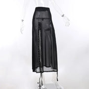 Harajuku Punk Black Hollow Out Skirt Y2K Goth Grunge Patchwork Eyelet Split Long Skirt Summer Sexy Night Club Skirt