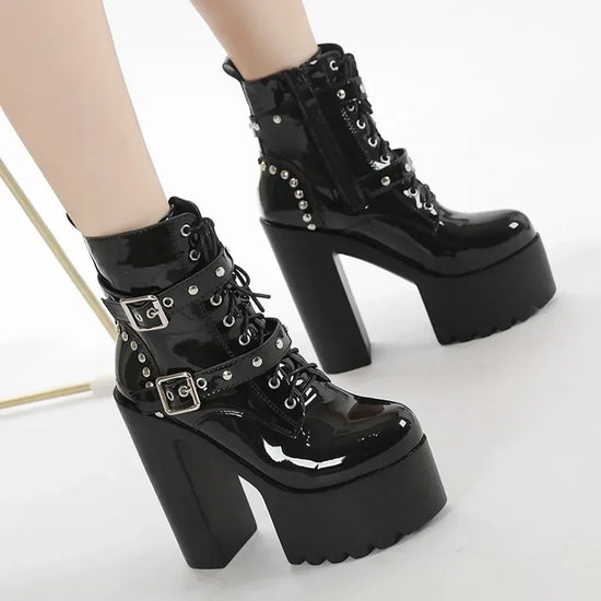 14CM Women Chunky Ankle Boots Leather cosplay Round Toe Platform Knight Boots Shoes High Heels Black White Thick Heel Lace Up