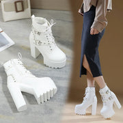 14CM Women Chunky Ankle Boots Leather cosplay Round Toe Platform Knight Boots Shoes High Heels Black White Thick Heel Lace Up