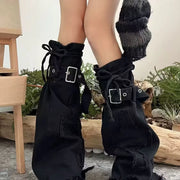 Harajuku Gothic Lolita Cross Spliced Black Flared Leg Warmers Denim Boots Cover Women Grunge Y2k Girl Leggings Knee-Long Socks