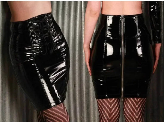 Gothic Black Skirts for Women Latex PVC Leather Pencil Mini Skirt Lace Up Zip Shiny Bodycon Skirts Sexy Club Y2k Clothes