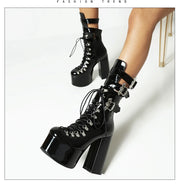 Gothic Style Black Platform Boots Bat Wings Sexy Clube Night Modern Boots Women Mid Calf Ankel Buckle Strap Plus Size 46