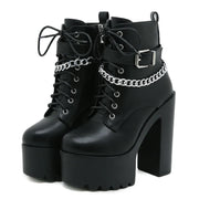 Women's Chain Decor Block Heeled Boots Fashion Lace Up Side Zipper Platform Boots Stylish Ankle Boots High Heels