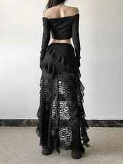 2025 Spring Black Gothic Vintage Skirts Women Sexy High Waist Lace Ruffles Patchwork Irregular Y2k Long Skirts Party Clubwear