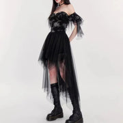 Sexy Gothic Skirts For Women Hotsweet Irregular Mesh Black Skirt Streetwear Elastic Waist Front Short Back Long Y2K Lady's Skirt