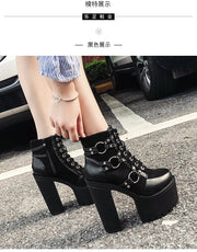 2025 Women's Black Gothic High Heel Ankle Boots Sexy Chain Punk Style Patent Leather Platform Boots Lace Up Motorcycle Boots