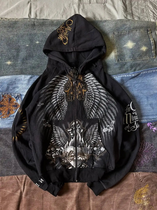 Gothic Affliction Hoodie New Retro Wing Pattern Printing Oversize Zipper Coat Men Women Hip Hop Personality Casual Sweatshirt