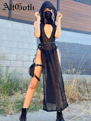 AltGoth Coquette Dark Gothic Sexy Dress Women Vintage Y2k Cyberpunk See Through Cut Out Split High Waist Knitted Hooded Dress