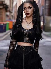Black Women Punk High Waisted Goth Skirt Sexy Pleated Mini Skirt with Chain E Girl Lace-Up Tie PU Leather Corset Y2K Crop Tops