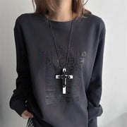 Gothic Punk Large Wood Cross Pendant Necklace Y2k 3D Relief Flower Metal Cross Double Pendant Necklace Jewelry Gifts Accessories