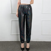 Women's Mid Waist Solid Colour Shiny Glossy Sweatpants Nine Minute Pants Fashion hip-hop trousers Disco Bottoms