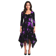 Gothic Tie-dye Dress Lace Up Long Sleeve Drree For Women Polyester Fabric Irregular Hem Performance Dress Halloween Costumes