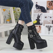 14CM Women Chunky Ankle Boots Leather cosplay Round Toe Platform Knight Boots Shoes High Heels Black White Thick Heel Lace Up