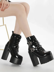 14CM Women Chunky Ankle Boots Leather cosplay Round Toe Platform Knight Boots Shoes High Heels Black White Thick Heel Lace Up