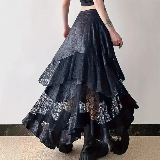Gothic Vintage Black Midi Skirt Aesthetics Y2k Lace Irregular Skirt French Style Elegant Casual Skirt Woman Design Chic