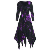 Gothic Tie-dye Dress Lace Up Long Sleeve Drree For Women Polyester Fabric Irregular Hem Performance Dress Halloween Costumes