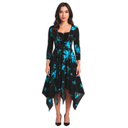 Gothic Tie-dye Dress Lace Up Long Sleeve Drree For Women Polyester Fabric Irregular Hem Performance Dress Halloween Costumes