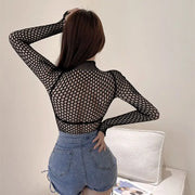 Gothic Sexy Black Fishnet Mesh See Through T-Shirt Women Skinny Goth Hollow Out Long Sleeve Shirts Crop Top Tee Shirt Streetwear