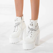 Gdgydh Women's Chain Decor Block Heeled Boots Fashion Lace Up Side Zipper Platform Boots Stylish Ankle Boots High Heels
