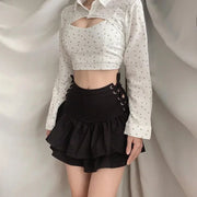 Y2K Black Skirt Women Streetwear Gothic Harajuku Ruffle High Waist Bandage A-line Mini Skirt Goth Punk Grunge Clothes