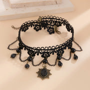 Gothic Punk Sexy Lace Black Crystal Pendent Necklace for Women Teens Girls Beads Flower Collar Necklace Rock Jewelry Gifts Party