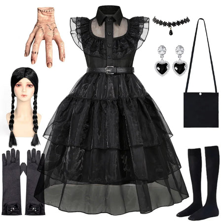 Gothic Style Black Dress Wensday Party Ball Gown Children Halloween Cosplay Adams Family Costume