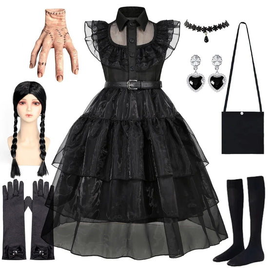 Gothic Style Black Dress Wensday Party Ball Gown Children Halloween Cosplay Adams Family Costume
