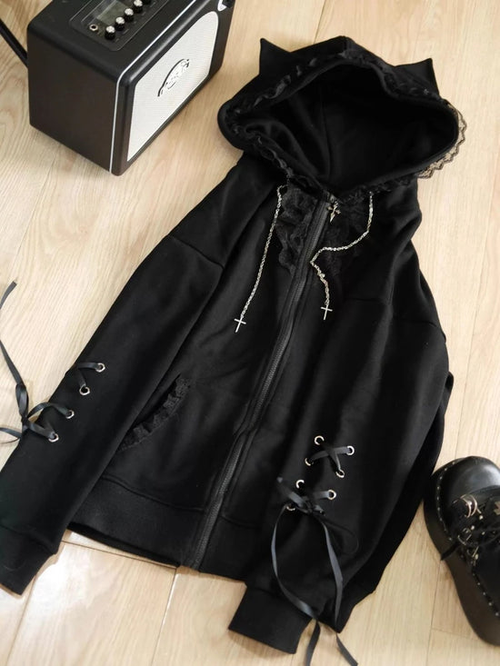 Gothic Subculture Black Lace Loose Hoodie Women's Autumn Aesthetic Lovely Long Sleeve Hooded Coat Casual Warm Winter Overcoat