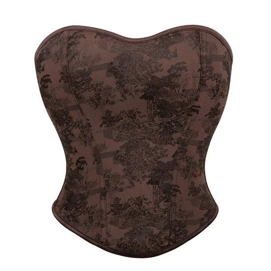 Fashion Women Gothic Corset Crop Top Brown Lace-up Overbust Bustier Vintage Sexy Waist Cincher Corselet