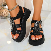 Punk Metal Decoration Black Pu Sandals Women 2025 Summer Metal Chain Thick Bottom Ankle Strap Sandals Gothic Metal Chain Shoes