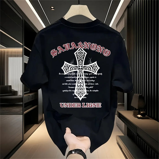 Gothic Style Men's T Shirt Harajuku Cross Printed Punk Casual Short Sleeve T Shirts Hip-hop Loose Streetwear Tops Men Clothing